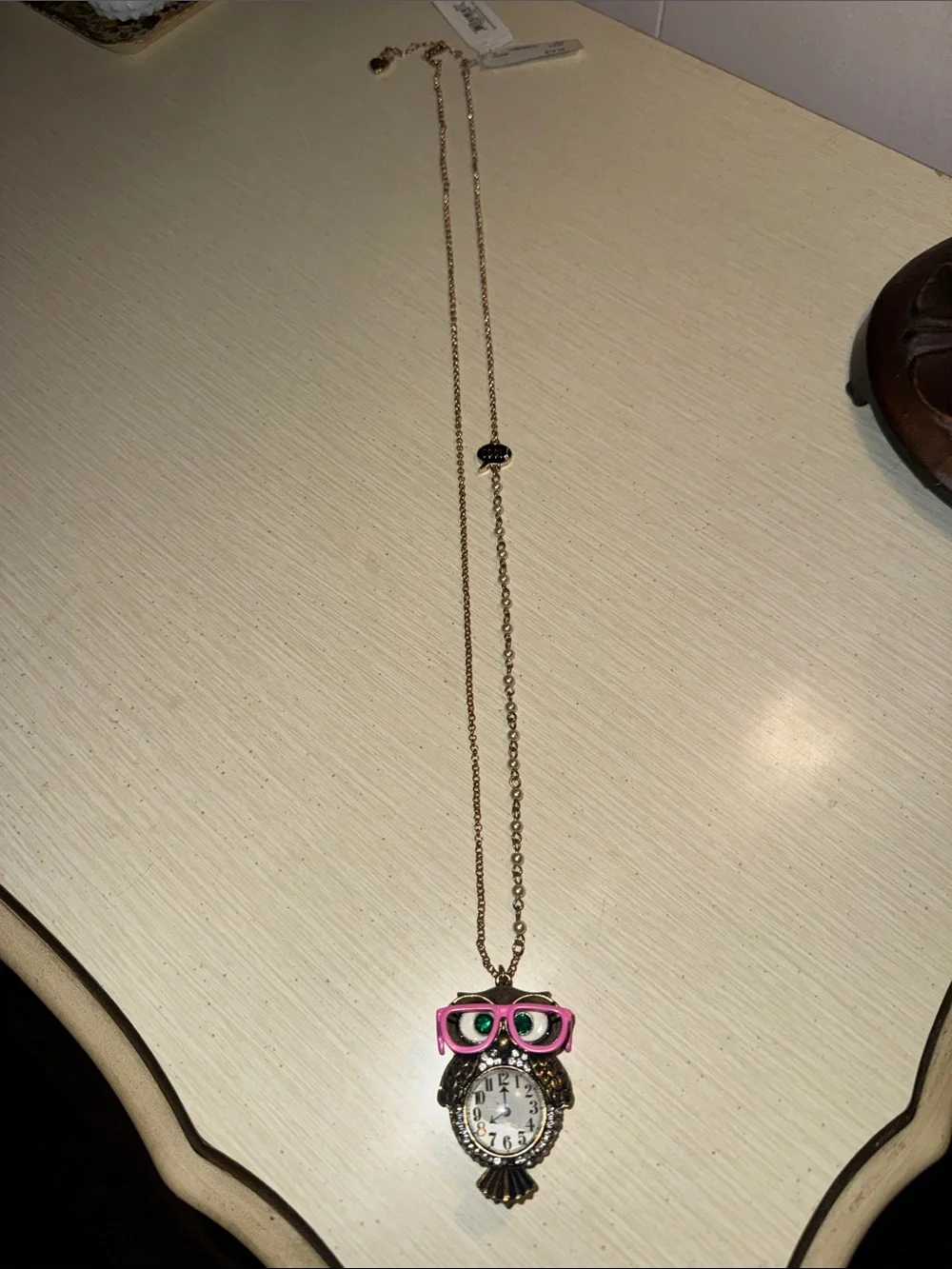 Betsey Johnson Bronze Owl Pendant Watch with Pink Glasses